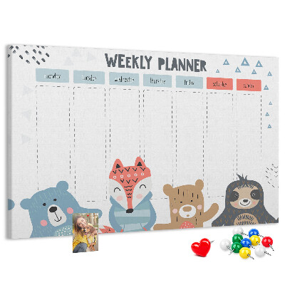 Tableau de liège Agenda hebdomadaire avec des animaux de la forêt