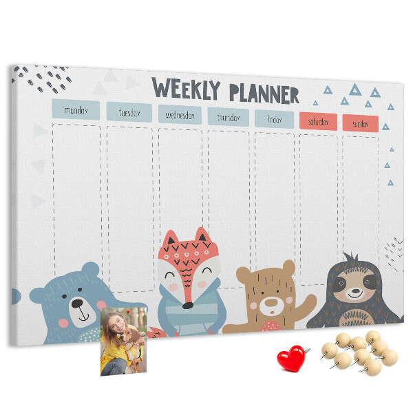 Tableau de liège Agenda hebdomadaire avec des animaux de la forêt