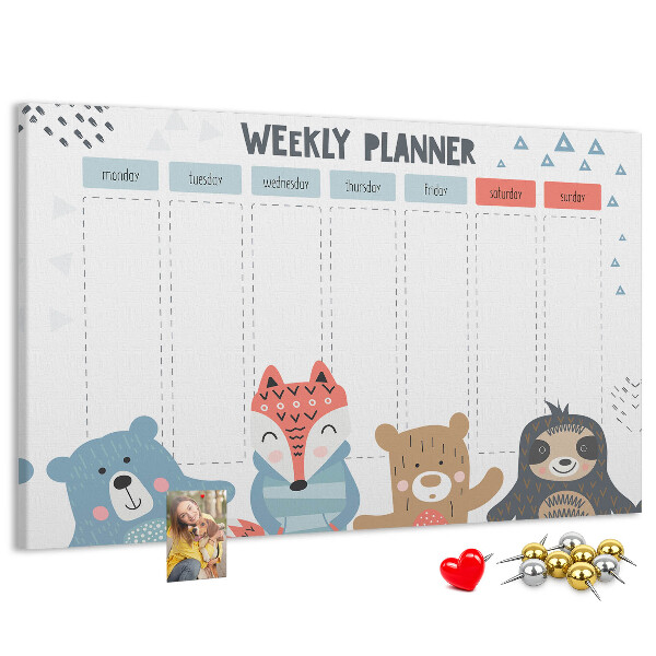 Tableau de liège Agenda hebdomadaire avec des animaux de la forêt