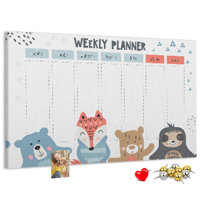 Tableau de liège Agenda hebdomadaire avec des animaux de la forêt