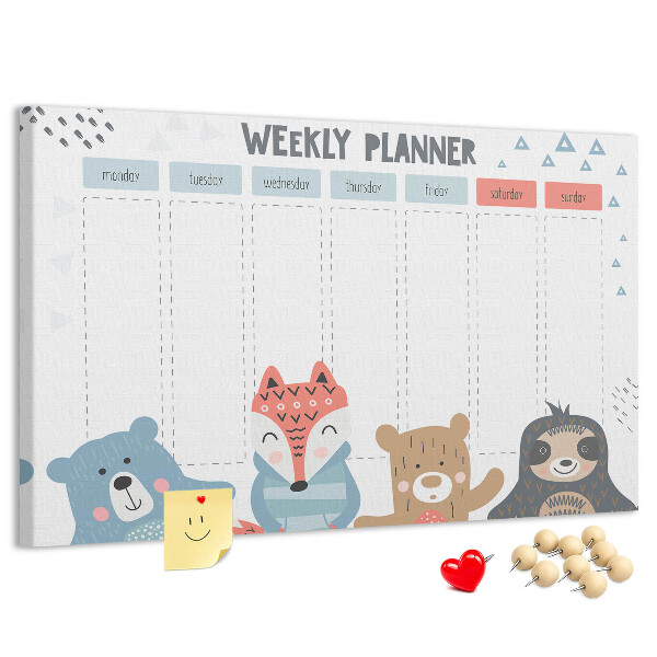 Tableau de liège Agenda hebdomadaire avec des animaux de la forêt