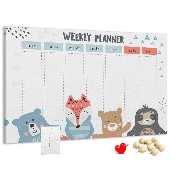 Tableau de liège Agenda hebdomadaire avec des animaux de la forêt