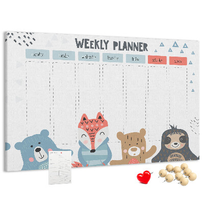 Tableau de liège Agenda hebdomadaire avec des animaux de la forêt