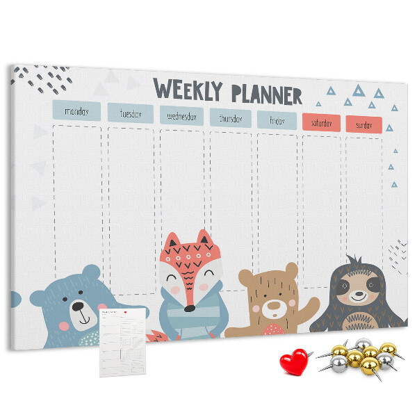 Tableau de liège Agenda hebdomadaire avec des animaux de la forêt