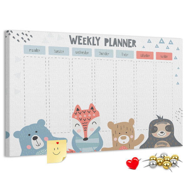 Tableau de liège Agenda hebdomadaire avec des animaux de la forêt