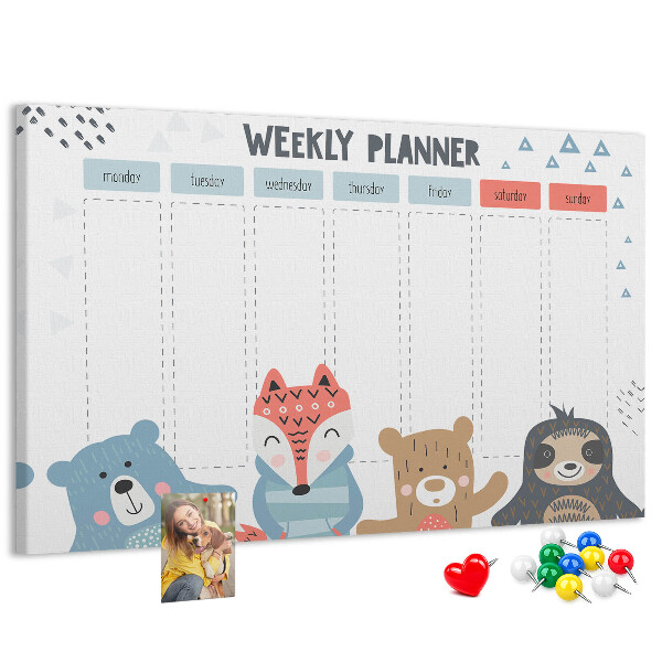 Tableau de liège Agenda hebdomadaire avec des animaux de la forêt