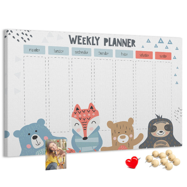Tableau de liège Agenda hebdomadaire avec des animaux de la forêt