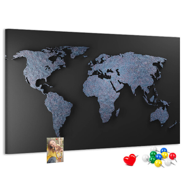 Tableau de liège Carte du monde en nuances de bleu.