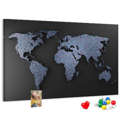 Tableau de liège Carte du monde en nuances de bleu.