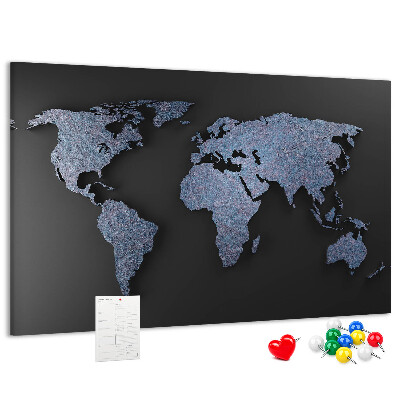 Tableau de liège Carte du monde en nuances de bleu.