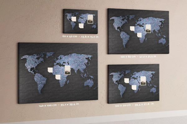 Tableau de liège Carte du monde en nuances de bleu.