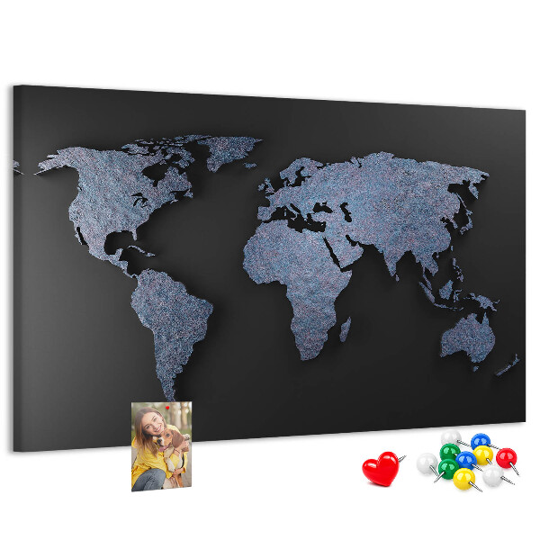 Tableau de liège Carte du monde en nuances de bleu.