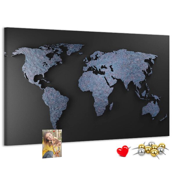 Tableau de liège Carte du monde en nuances de bleu.