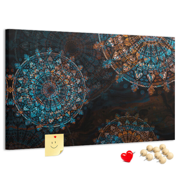 Tableau de liège Mandalas complexes dans des tons de bleu et de brun