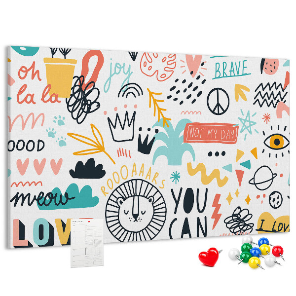 Tableau en liège Motifs joyeux avec des animaux et des textes