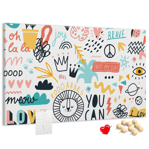 Tableau en liège Motifs joyeux avec des animaux et des textes
