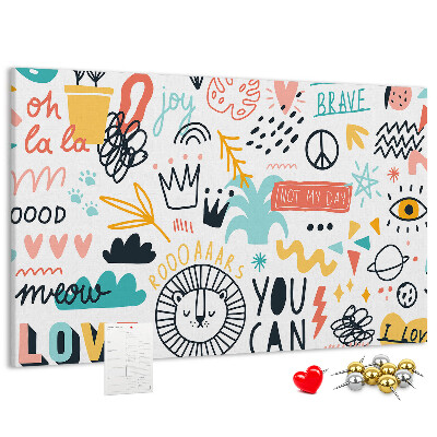 Tableau en liège Motifs joyeux avec des animaux et des textes