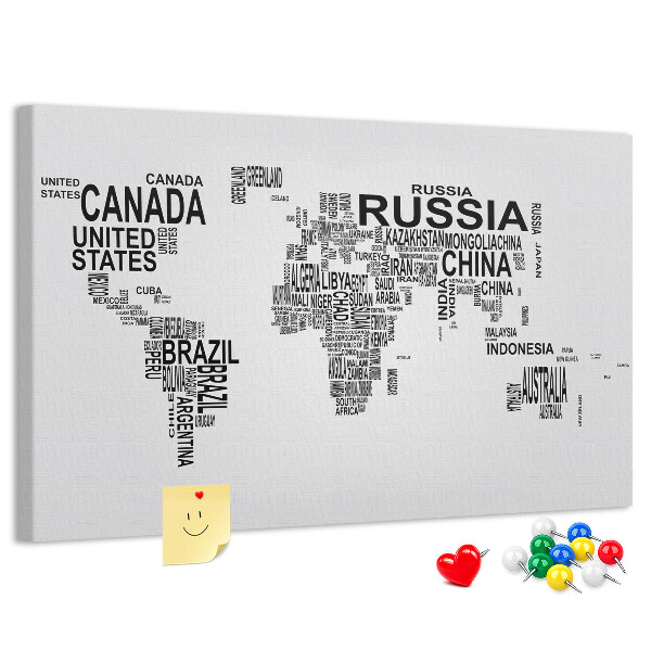 Tableau de liège Carte du monde avec les noms des pays.