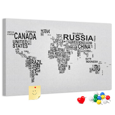 Tableau de liège Carte du monde avec les noms des pays.