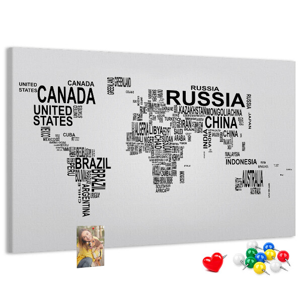 Tableau de liège Carte du monde avec les noms des pays.