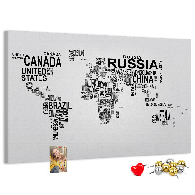 Tableau de liège Carte du monde avec les noms des pays.