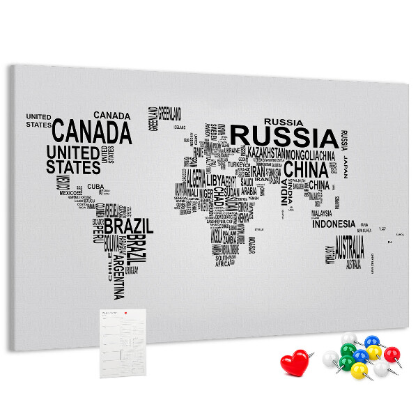 Tableau de liège Carte du monde avec les noms des pays.
