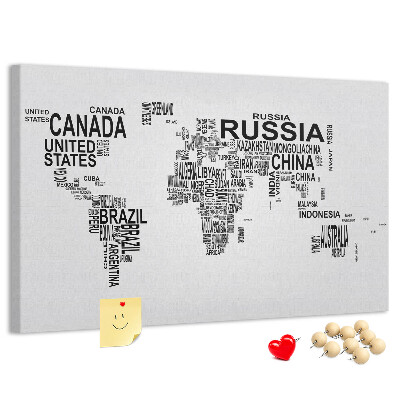 Tableau de liège Carte du monde avec les noms des pays.