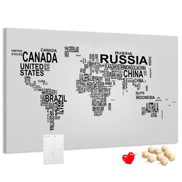 Tableau de liège Carte du monde avec les noms des pays.
