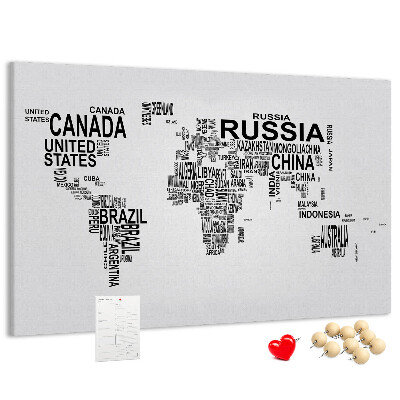 Tableau de liège Carte du monde avec les noms des pays.