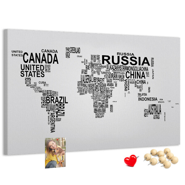 Tableau de liège Carte du monde avec les noms des pays.