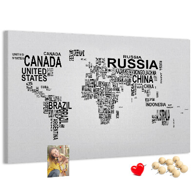 Tableau de liège Carte du monde avec les noms des pays.