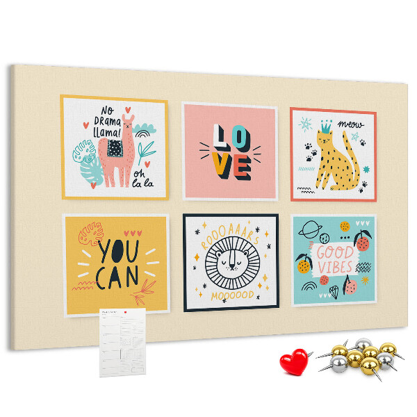 Tableau de liège Des graphismes colorés avec des slogans positifs.