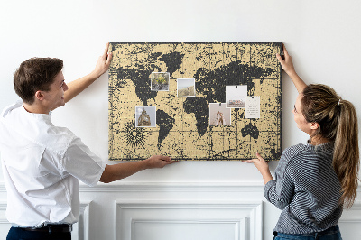 Tableau en liège Carte du monde antique en noir et or