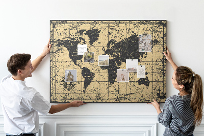 Tableau en liège Carte du monde antique en noir et or