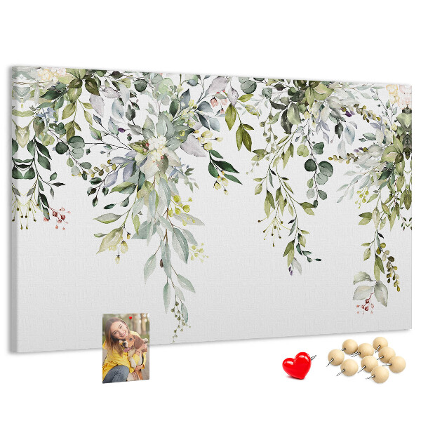 Tableau de liège Feuilles vertes et fleurs délicates en arrière-plan