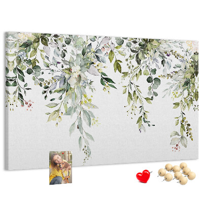 Tableau de liège Feuilles vertes et fleurs délicates en arrière-plan