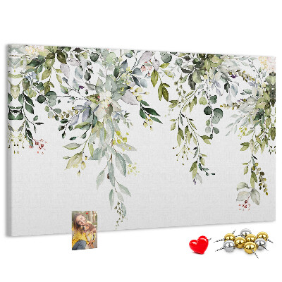 Tableau de liège Feuilles vertes et fleurs délicates en arrière-plan