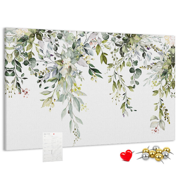 Tableau de liège Feuilles vertes et fleurs délicates en arrière-plan