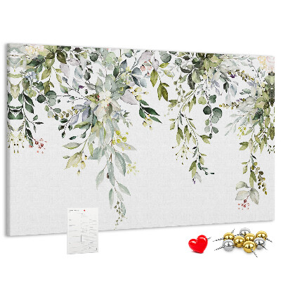 Tableau de liège Feuilles vertes et fleurs délicates en arrière-plan