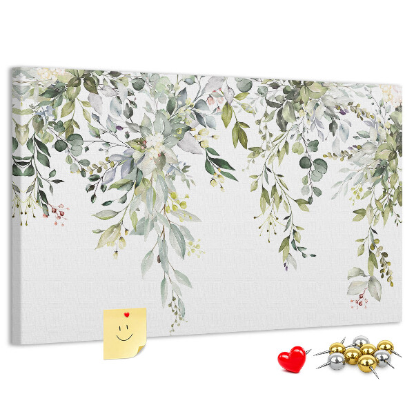 Tableau de liège Feuilles vertes et fleurs délicates en arrière-plan