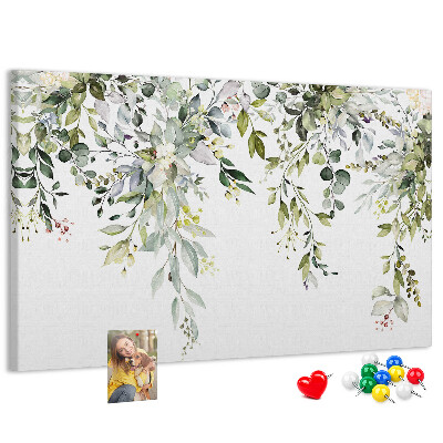 Tableau de liège Feuilles vertes et fleurs délicates en arrière-plan