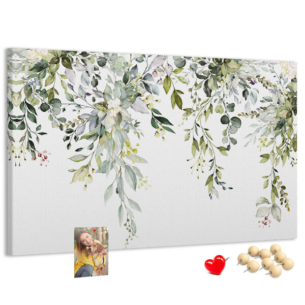 Tableau de liège Feuilles vertes et fleurs délicates en arrière-plan