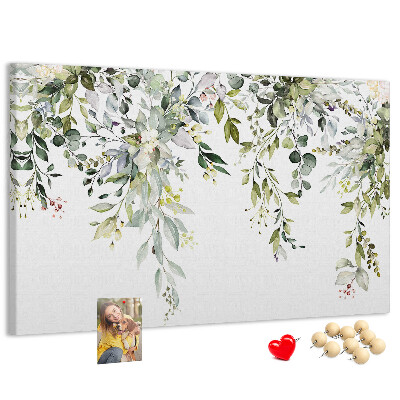 Tableau de liège Feuilles vertes et fleurs délicates en arrière-plan