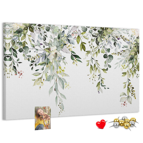 Tableau de liège Feuilles vertes et fleurs délicates en arrière-plan