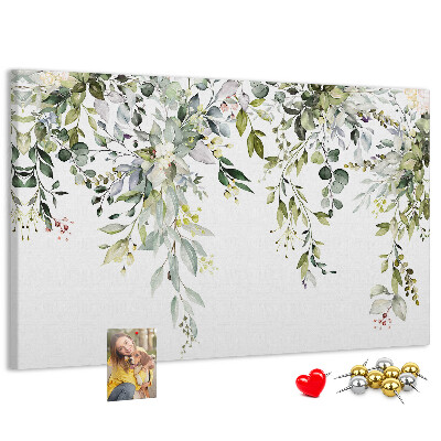 Tableau de liège Feuilles vertes et fleurs délicates en arrière-plan