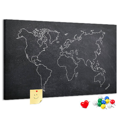 Tableau de liège Une carte du monde sur un fond de tableau noir