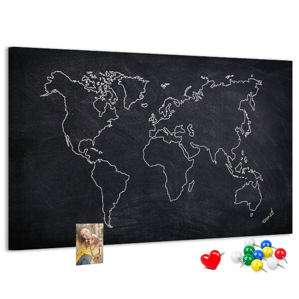 Tableau de liège Une carte du monde sur un fond de tableau noir