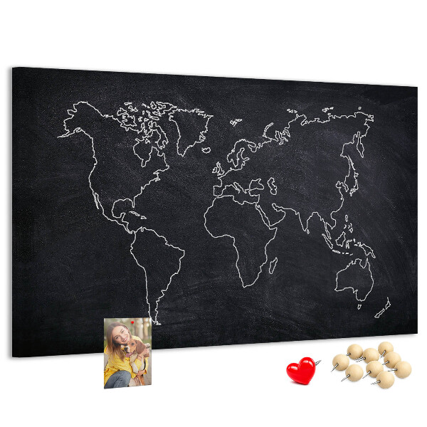 Tableau de liège Une carte du monde sur un fond de tableau noir