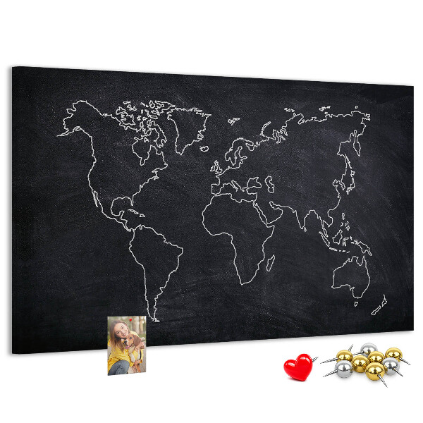 Tableau de liège Une carte du monde sur un fond de tableau noir
