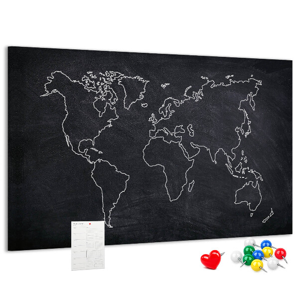 Tableau de liège Une carte du monde sur un fond de tableau noir